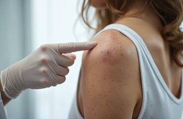 Doctor points to mole on woman shoulder during skin exam. Suspicious spot check up in clinic, health care. Melanoma, skin cancer prevention, early diagnosis, treatment, wellness, awareness, medicine.