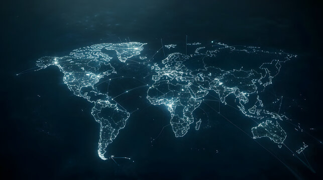 Futuristic digital world map with glowing network connections for technology design