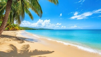 Tropical paradise with swaying palm trees casting shadows on the warm, golden sand and a calm ocean stretching to the horizon