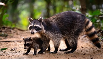 Fototapeta premium Mother Raccoon Family in Tijuca Park Rainforest Ground Playful Moments Amidst the Lush Greenery and Vibrant Wildlife, Brazils Tropical Oasis Radiates a Warm and Enchanting Aura.