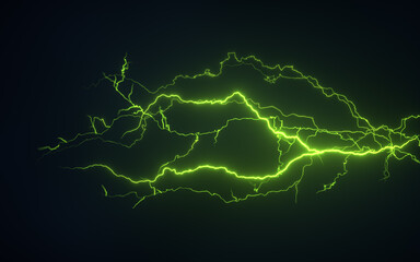 Green lightning with dark background, 3d rendering.