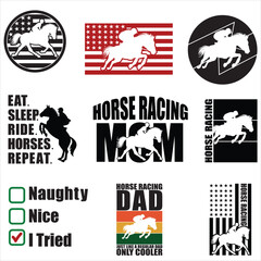 Collection of Horse Racing T shirt design vector, horse rider illustration, Equestrian clipart design 
