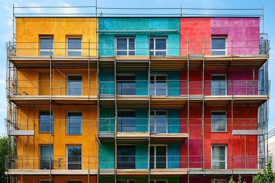 Colorful Building Facade Renovation with Scaffolding for Urban Architecture Projects