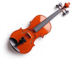 Obraz premium High angle view of a reddish brown violin on a white background. The image is well lit, showing details of the instrument