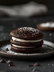 chocolate cookies on a plate, whoopie pies on dark background