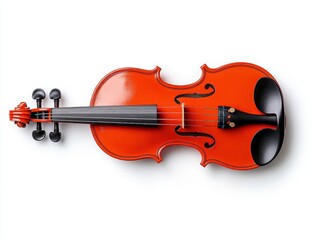Fototapeta premium Overhead view of a reddish brown violin on a white background. The violin is shown in detail, highlighting its strings, pegs, and body