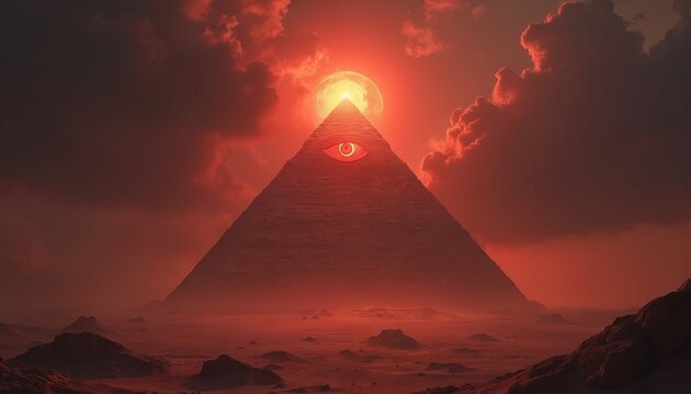 Red pyramid with all-seeing eye symbol against glamorous background. Esoteric occult illuminati Masonic symbolism. Mysterious landscape with ancient pyramid, sand, mountain. Spirituality, religion,