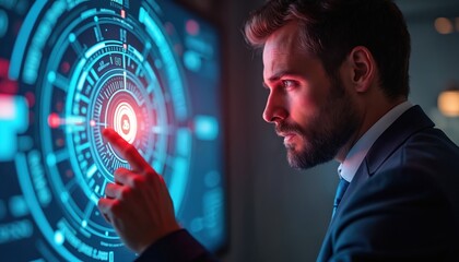 Businessman interacts with digital interface. Man in suit uses touchscreen display with charts, data. Digitalization, big data, fintech, data analysis, stock market, business analytics, strategy