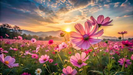 Obraz premium Vintage Cosmos Flower Field Sunrise, Chiang Rai, Thailand