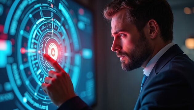 Businessman interacts with digital interface. Man in suit uses touchscreen display with charts, data. Digitalization, big data, fintech, data analysis, stock market, business analytics, strategy