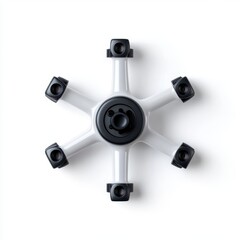 Naklejka premium Overhead shot of a six armed, star shaped device with black and white components against a white background
