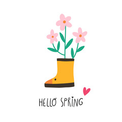 Spring cartoon print with rubber boots with flowers and lettering Hello Spring in flat style. Isolated on white background. Good for posters, t shirts, postcards.