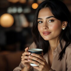 Elegant Woman with Coffee: Soft Lighting, Warm Tones