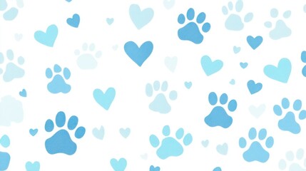 blue paw prints and hearts, creating an adorable dog-themed background for pet-inspired designs. The design incorporates soft pastel shades of light sky blue