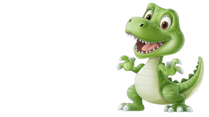 Fototapeta premium Playful cartoon dinosaur on a vibrant green and yellow background, perfect for kids' projects