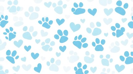 blue paw prints and hearts, creating an adorable dog-themed background for pet-inspired designs. The design incorporates soft pastel shades of light sky blue