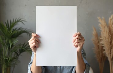 Hand holds white blank paper sheet. Arm in shirt holds clear brochure template. Leaflet document surface design. Simple pure print display show for paperwork message promotion.