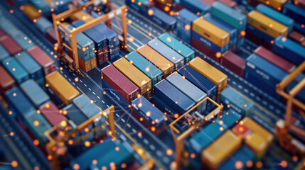 Augmented Reality Visualization Creating 3D Graphics Over Shipping Containers in the Terminal. Futuristic Animation Effect Shows Online Connectivity of Every Unit to the Logistics Center