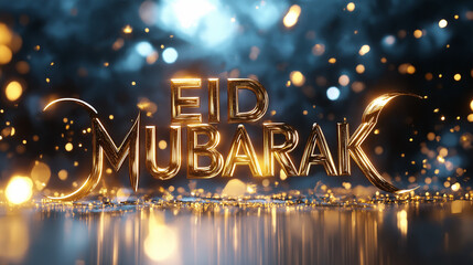 Golden Eid Mubarak Text 3D Render Festive Sparkling Bokeh Background Elegant Design Luxury Celebration Shiny Golden Lettering Holiday Greeting Card Template Modern Islamic Art Design Festive          