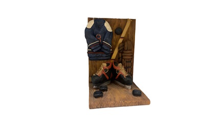 A hockey-themed bookend featuring skates, a stick, a jersey, and pucks against a white background