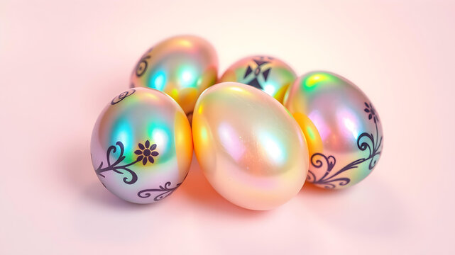 Atmospheric beautiful glowing shiny sparkle easter eggs  placed on pastel pink wallpaper backdrop background hd with reflection ornament