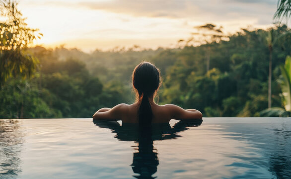Serenity at sunset in a tranquil infinity pool overlooking nature