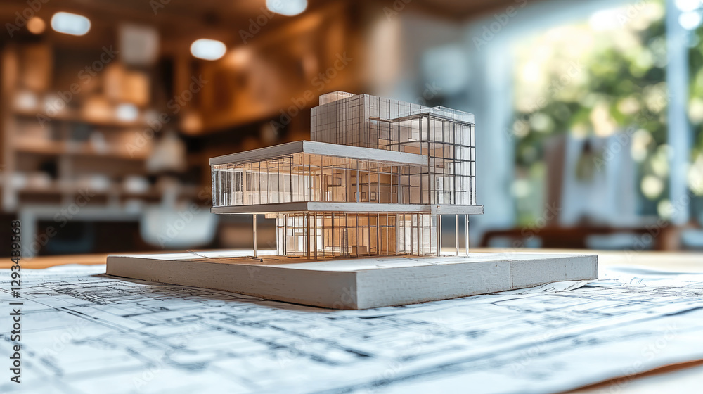 Poster detailed architectural model showcasing modern design elements, emphasizing transparency and structure