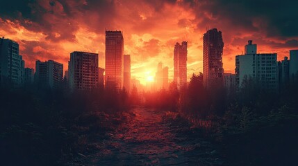 A dystopian city with crumbling buildings, overgrown plants, and a faint, eerie light in the sky.