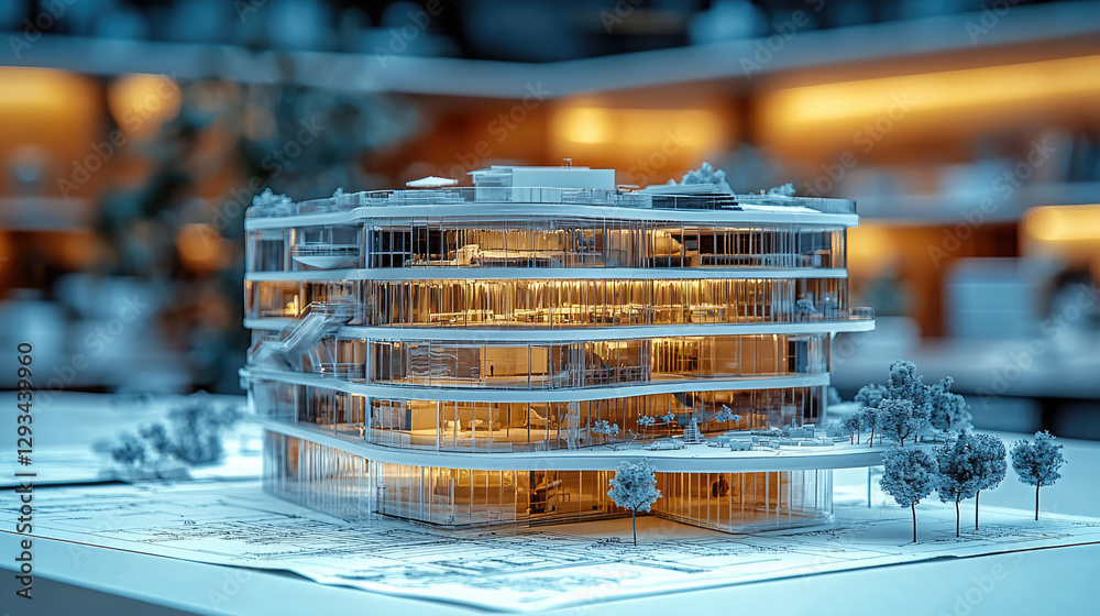 Poster detailed architectural model showcasing modern building design with illuminated features and surroun