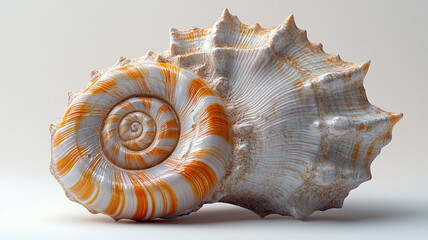 Obraz premium A mesmerizing seashell, a spiral of orange and white, showcasing nature's intricate artistry against a soft, neutral backdrop.