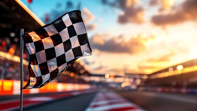 A checkered flag waving at a race track during sunset, symbolizing the end of a race. Concept Race Track Sunset, Checkered Flag, End of Race, Sports Symbolism, Dramatic Scenery