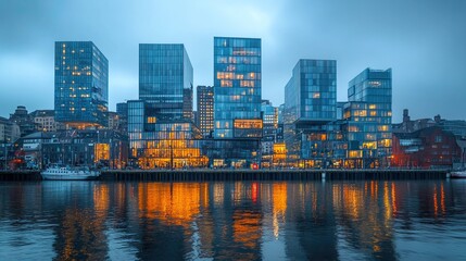 Naklejka premium A modern cityscape with glass buildings stacked under a grey sky, symbolizing contemporary architecture and urban living. 