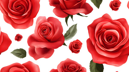 Seamless pattern, floral design with red roses and green leaves for romantic backgrounds. Wallpaper, packaging design, fabric textiles. 