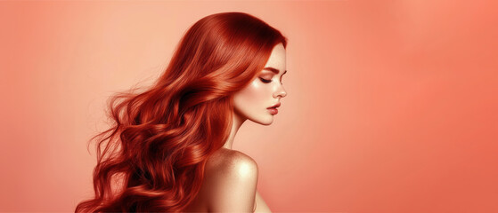 Model with flowing red hair on a peach backdrop