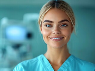 Healthcare professional smiling in medical facility portrait photography bright environment positive vibe