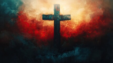 Fototapeta premium A painted cross symbolizing the life and sacrifice of Jesus Christ, captured in an emotionally powerful religious artwork.