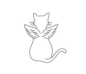 Vector isolated sitting cat angel with wings back view colorless black and white contour line easy drawing