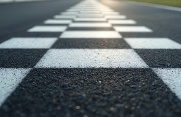 Close-up perspective of race track asphalt road with starting and finishing grid pattern. Black and white checkered racing circuit with rough road texture for motorsport event background.