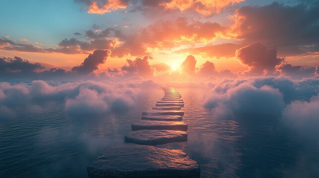 A pathway leading to the sky amidst ocean mist, creating a surreal, inspirational visual journey that invites viewers to dream of limitless possibilities and boundless exploration in life.