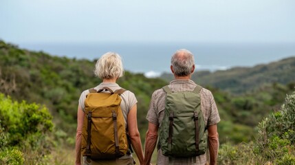 Fototapeta premium Senior couple hiking together in nature. They are holding hands and enjoying the view. Concept of active seniors, healthy lifestyle, and travel.