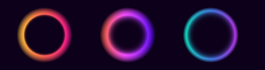 Three vibrant neon rings in red, purple, and blue hues, creating an abstract luminous effect.