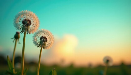 Dandelions swaying gently in the breeze against a clear turquoise sky at dusk, nature, peaceful