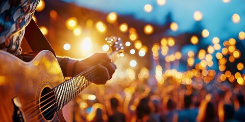 summer concerts concept. Acoustic guitar performance at a lively outdoor event