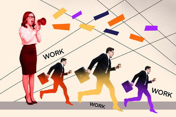 Composite art 3d creative image collage of angry businesswoman boss scream megaphone employee man...