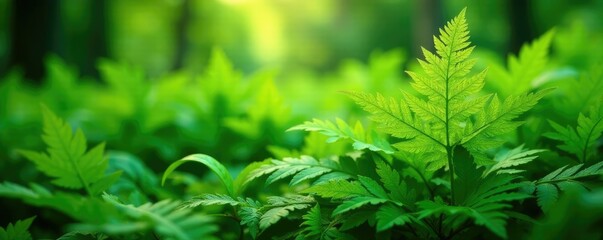 Fototapeta premium Ferns with green leaves in a serene summer garden, leafy, bloom, foliage