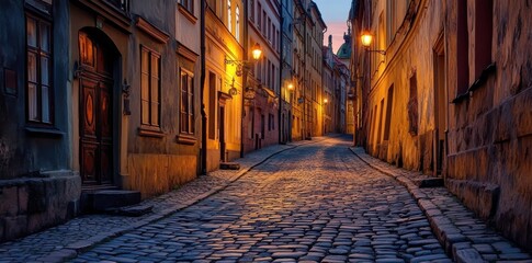 Naklejka premium Charming cobblestone street illuminated by warm streetlights during twilight in an old town