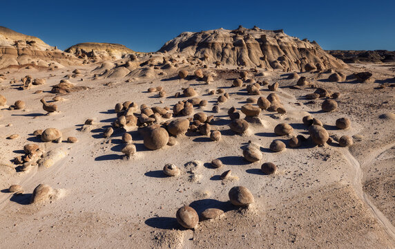 Scattered round, egg-like eroded rock formations in a surreal desert landscape of Bisti badlands in New Mexico, USA
