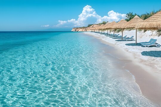 Serene Tropical Beach with Sun Loungers and Straw Parasols for Relaxation and Travel Inspiration