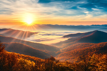Panoramic View of Mountain Ridges with Golden Sunlight and Misty Valleys

