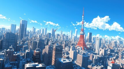 Fototapeta premium Futuristic cityscape under a vivid blue sky dotted with wispy white clouds. Soaring skyscrapers and a prominent tower define the skyline, creating an awe-inspiring vision of tomorrow's urban dreamscap